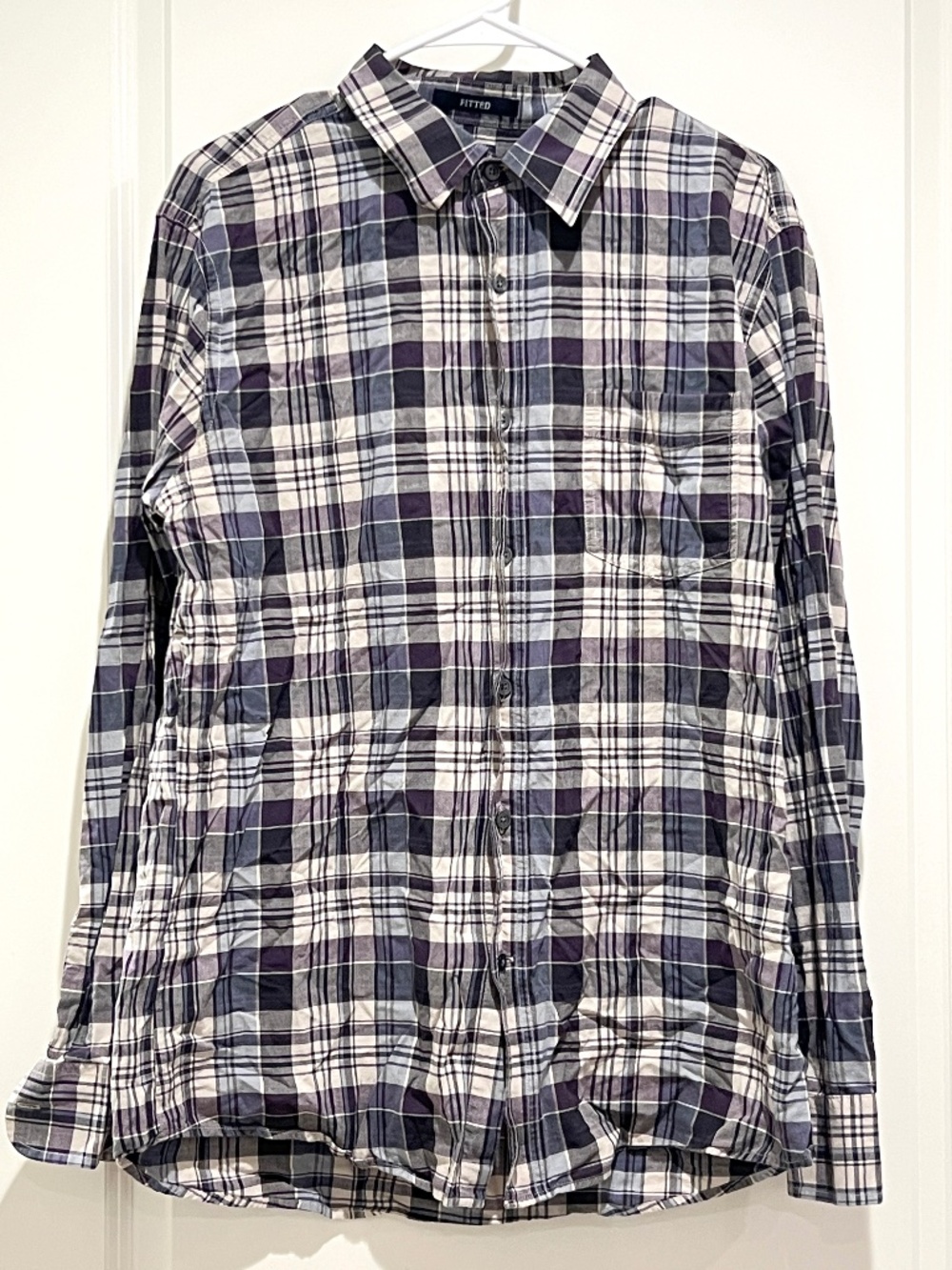 Gap Button Up fitted Shirt Men's size Large purple blue white black Plaid preppy